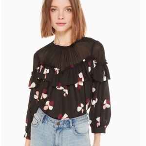 Kate Spade Glitzy Ritzy Dusk Buds Black Ruffle Top Size Small Women